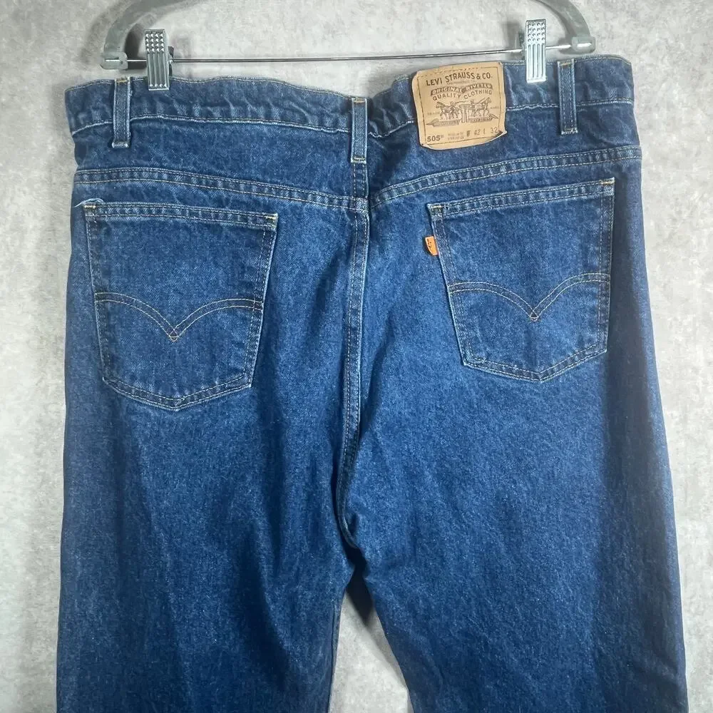 Vintage Levi's 505 Jeans Mens 42X32 Blue Medium Wash Denim Orange Tab‎ Straight